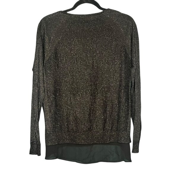 Lucky Brand Metallic Shimmer VNeck Knit Mixed Media Boho Chiffon Black Sweater M - Picture 5 of 8